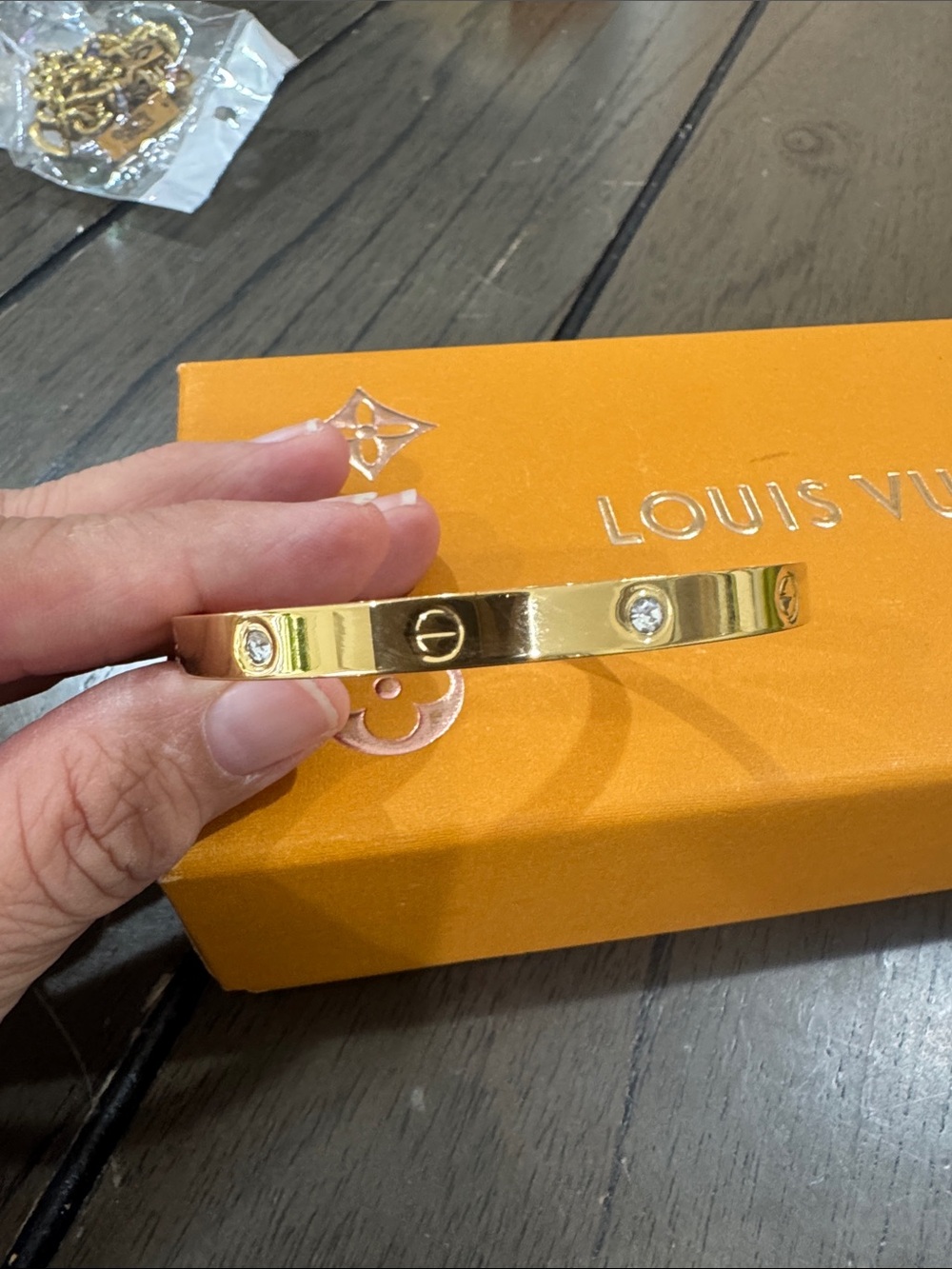 Gold Crystal-Accent Bangle Bracelet size 18 engraved